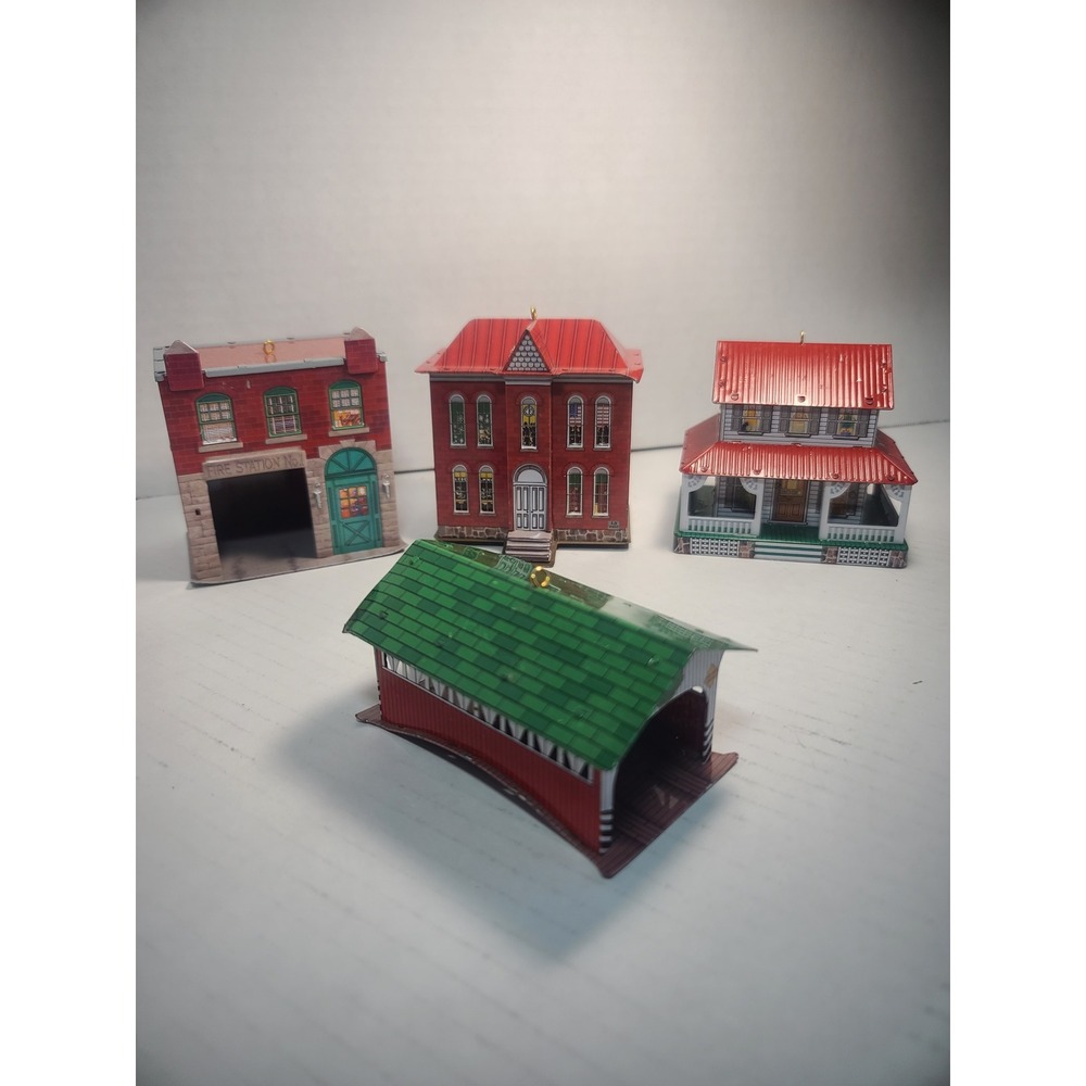 Vintage Hallmark Keepsake Ornament Tin Town Fire Station School House Bridge 4pc